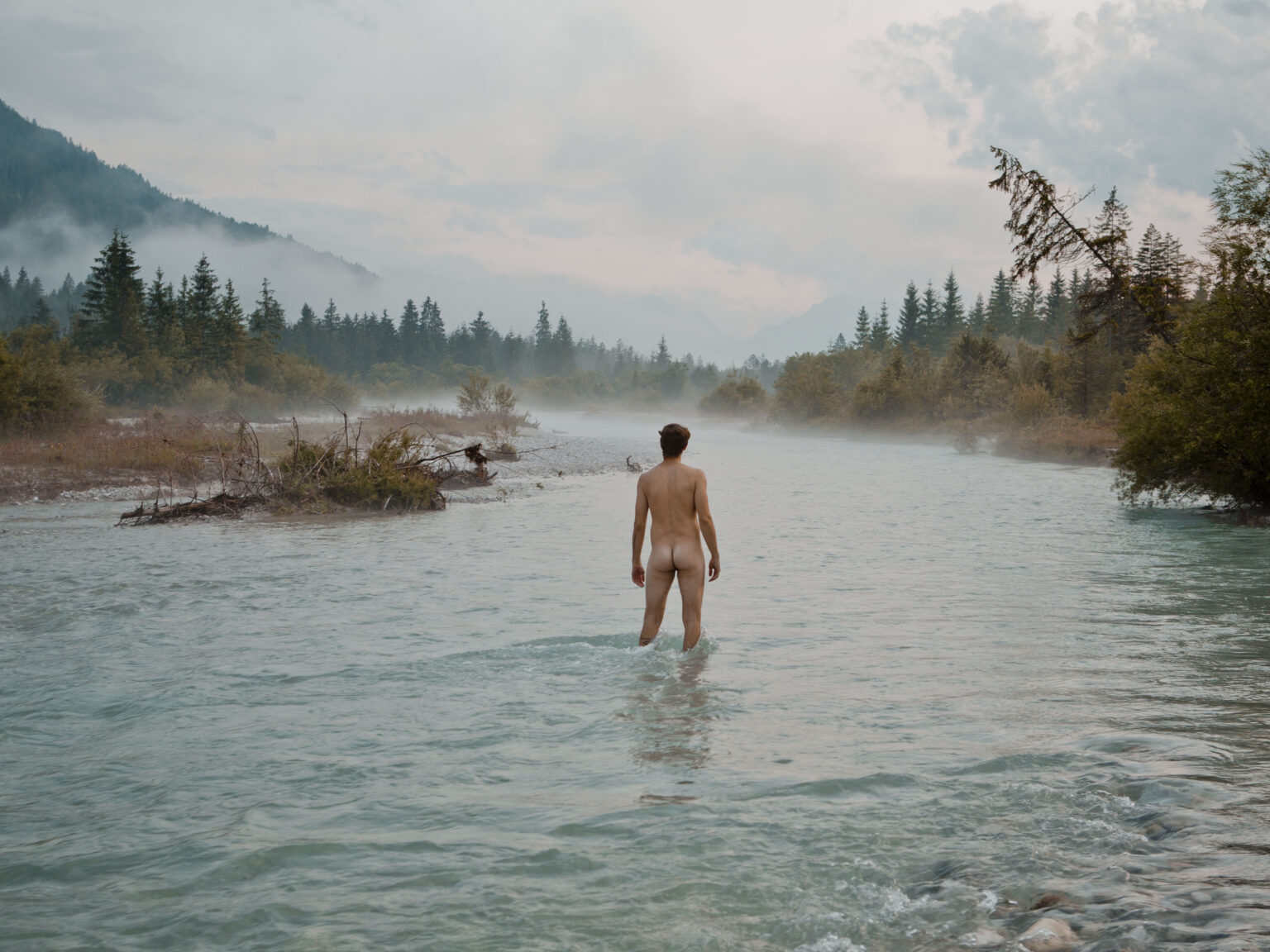 naked man, river, butt