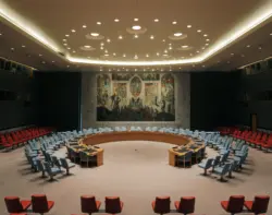View into the empty UN Security Council Chamber. Designed by Arnstein Arneberg.